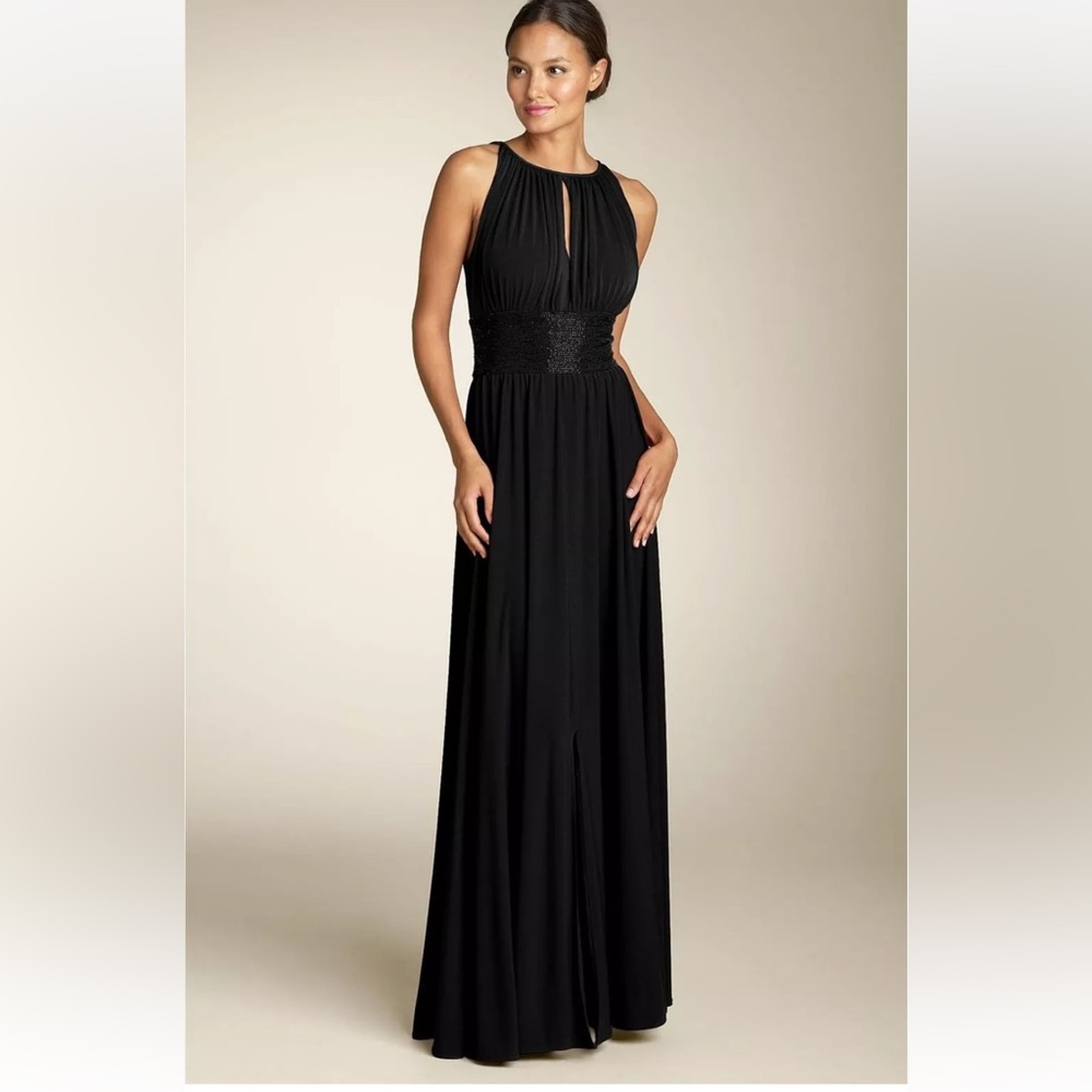 JS Boutique Cutaway Shoulder Beaded Waist Gown Sz 14. Black